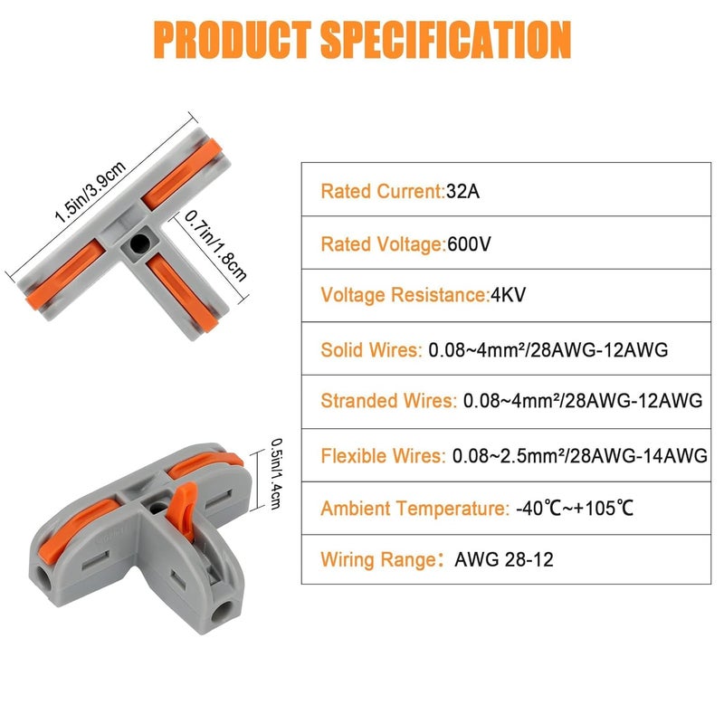 EEEKit 30 PCS Compact Wire Conductor Connector, T Shape Lever Nut Wire Connector Push in, Quick Splitter 3 Way Electrical Connectors, AWG 28-12 - Image 2
